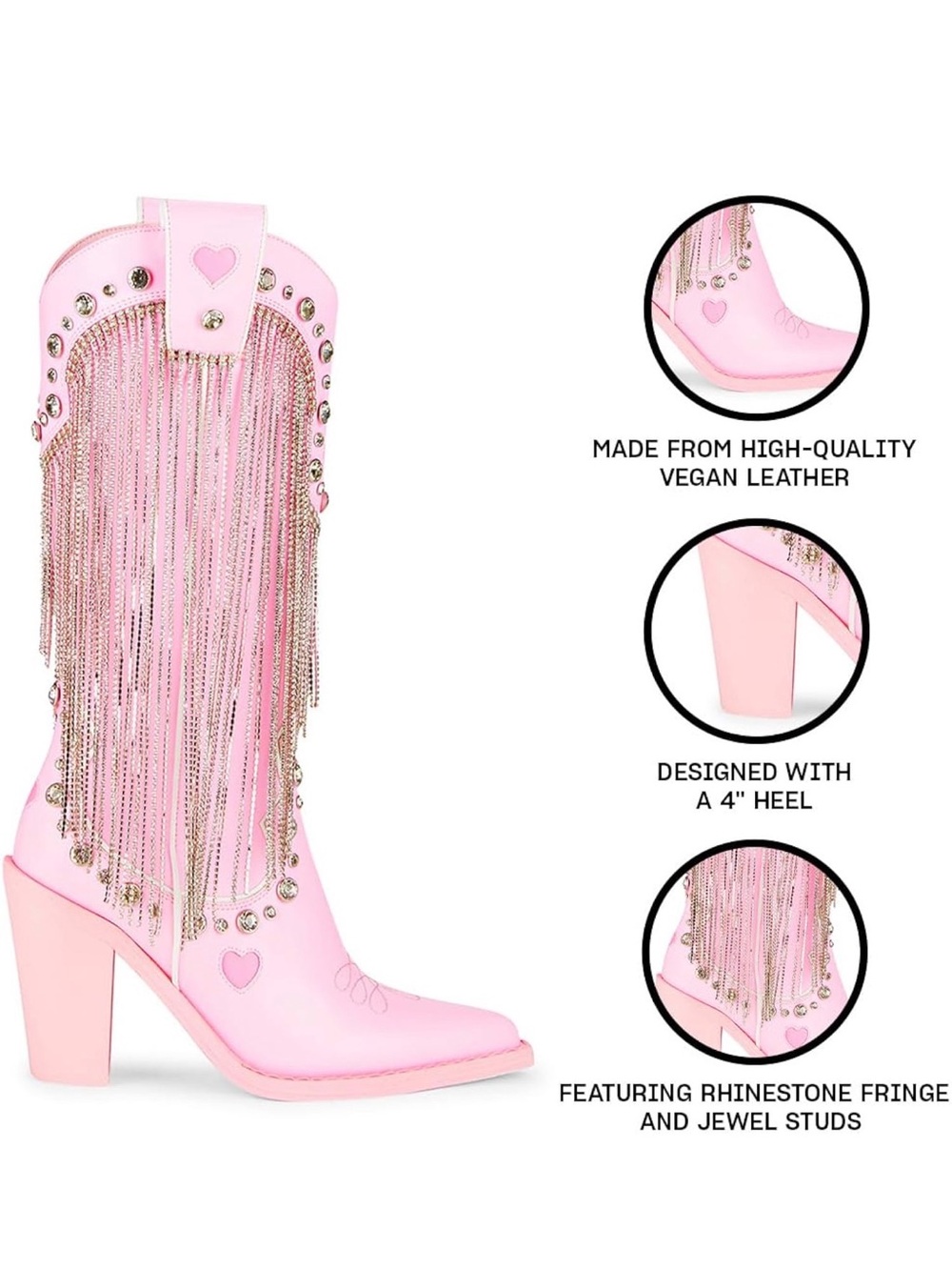 Dolls Kill Pink Rhinestone Fringe Western Block Heel Boots